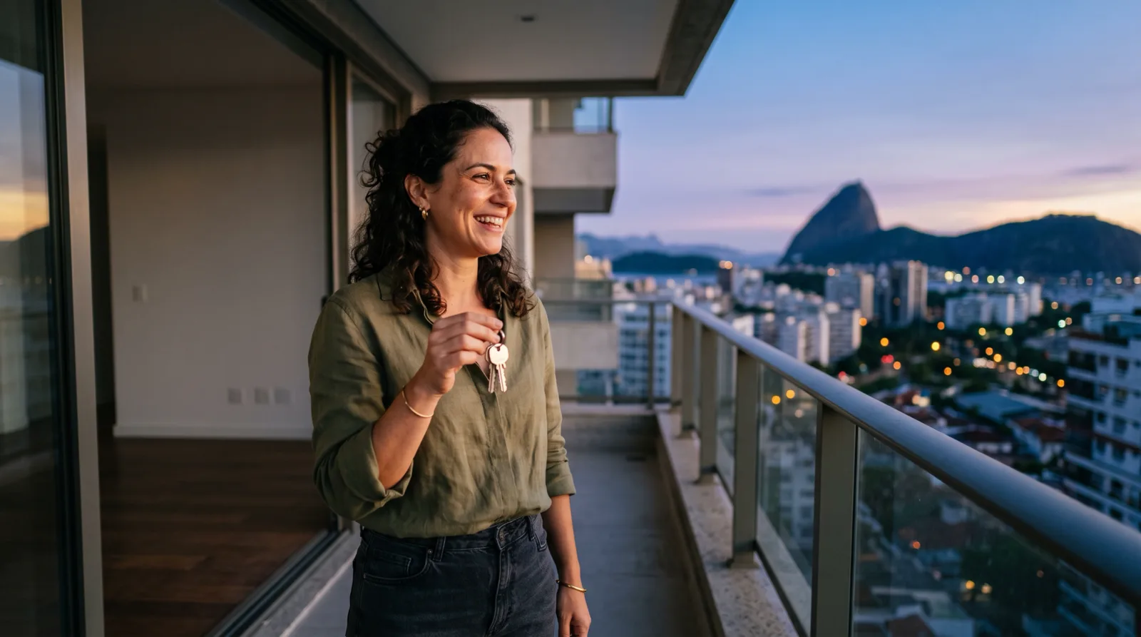 Mulher sorrindo com as chaves do apartamento novo na varanda ao entardecer