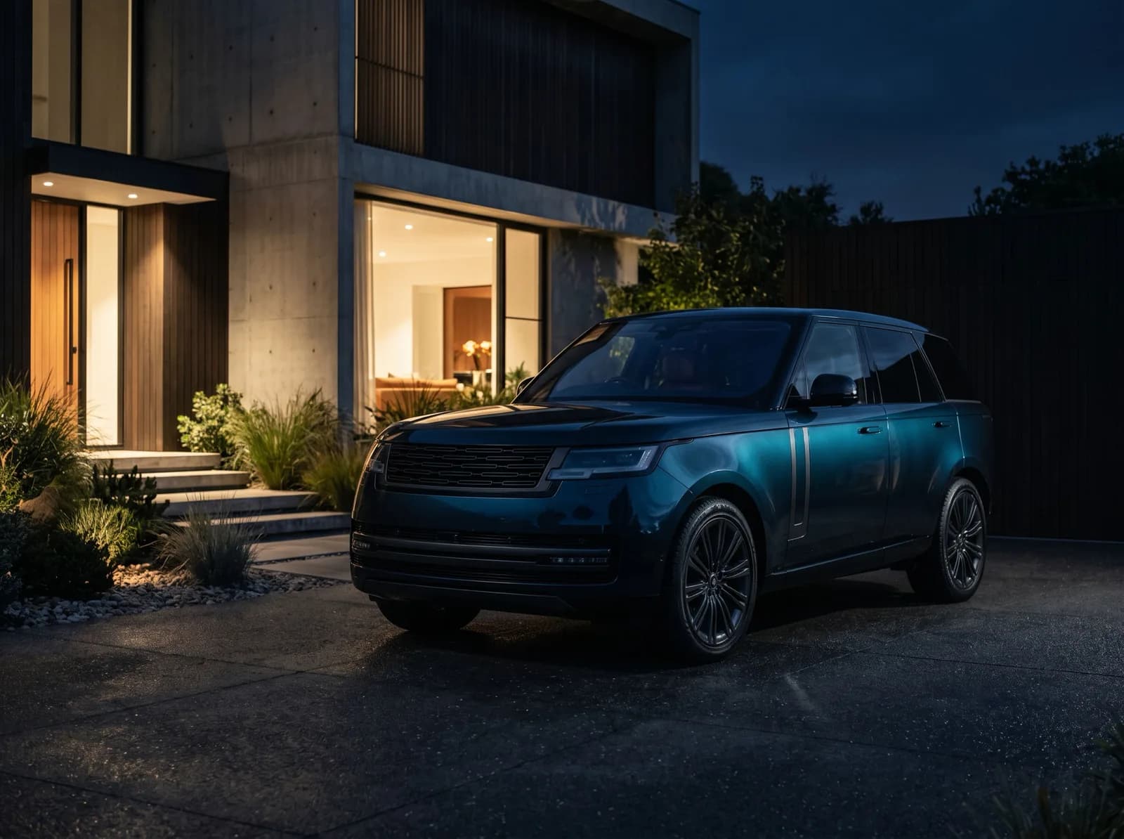 SUV premium escuro estacionado em frente a uma casa moderna à noite